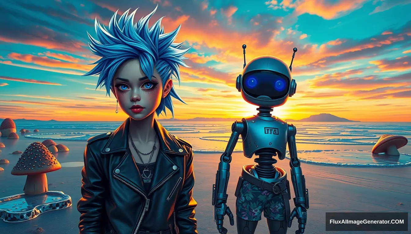 A striking, high-contrast realistic scene showcases a punk girl with electric blue spiky hair and a leather jacket, alongside a very cute hunk retro-futuristic robot in Hawaiian shorts, set against a surreal alien beach with iridescent fungi and shimmering lakes under a vibrant sky. - Image