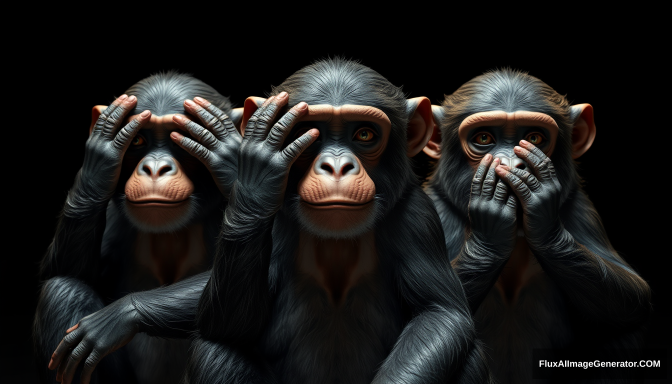 masterpiece, best quality, (octane render, cinematic CGI:1.4), intricate detail, beautiful three wise monkeys who are sitting down, embodying the proverbial principle "see no evil, hear no evil, speak no evil". The three monkeys are Mizaru, covering his eyes with two hands, who sees no evil; Kikazaru, covering his ears with two hands, who hears no evil; and Iwazaru, covering his mouth with two hands, who speaks no evil, (extreme closeup:1.2), (looking at the viewer:1.1), from front, soft light, low key light, dark mood, (glossy black chimp monkeys:1.2), detailed face, gaunt face, skin pores, detailed skin, intense eyes, (real skin detail:1.2), skin pores, detailed hair, detailed eyes, (depth of field:1.3), (dark background:1.2), sharp contrast, sharp detail, high contrast shadows. - Image