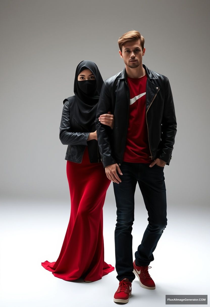 A biggest black hijab girl, beautiful eyes, face mask black, black leather jacket, biggest red longest dress, standing holding his arm, 

Jamie Dornan, handsome, youngest, face mask black, Nike red t-shirt, black leather jacket, jeans, red sneakers 

Hyper realistic, photorealistic, studio photography. - Image