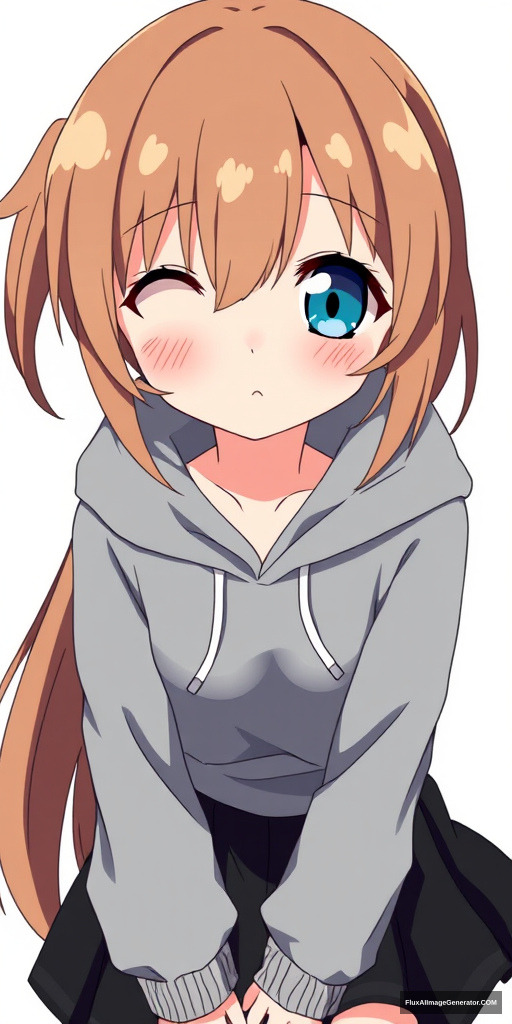 An anime girl with a blue left eye and a yellow right eye, featuring brown hair. She has a cute appearance and is wearing a gray hoodie with a black skirt. - Image