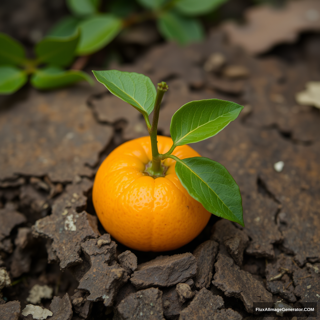 A shoot sprang from a small orange, penetrating the decaying and crumbling court scale.