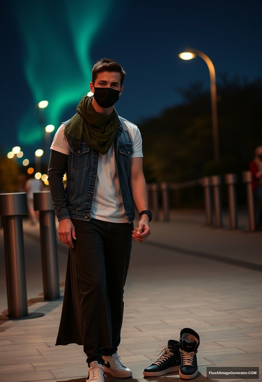 Jamie Dornan, handsome, black face mask, white Nike t-shirt, jeans, sneakers, dating in a romantic setting with a Muslim girl in a green army hijab, beautiful eyes, black face mask, denim jacket, longest skirt, not tall girl, holding hands, photorealistic, street photography, full photography, selfie photos, night scenery, aurora. - Image