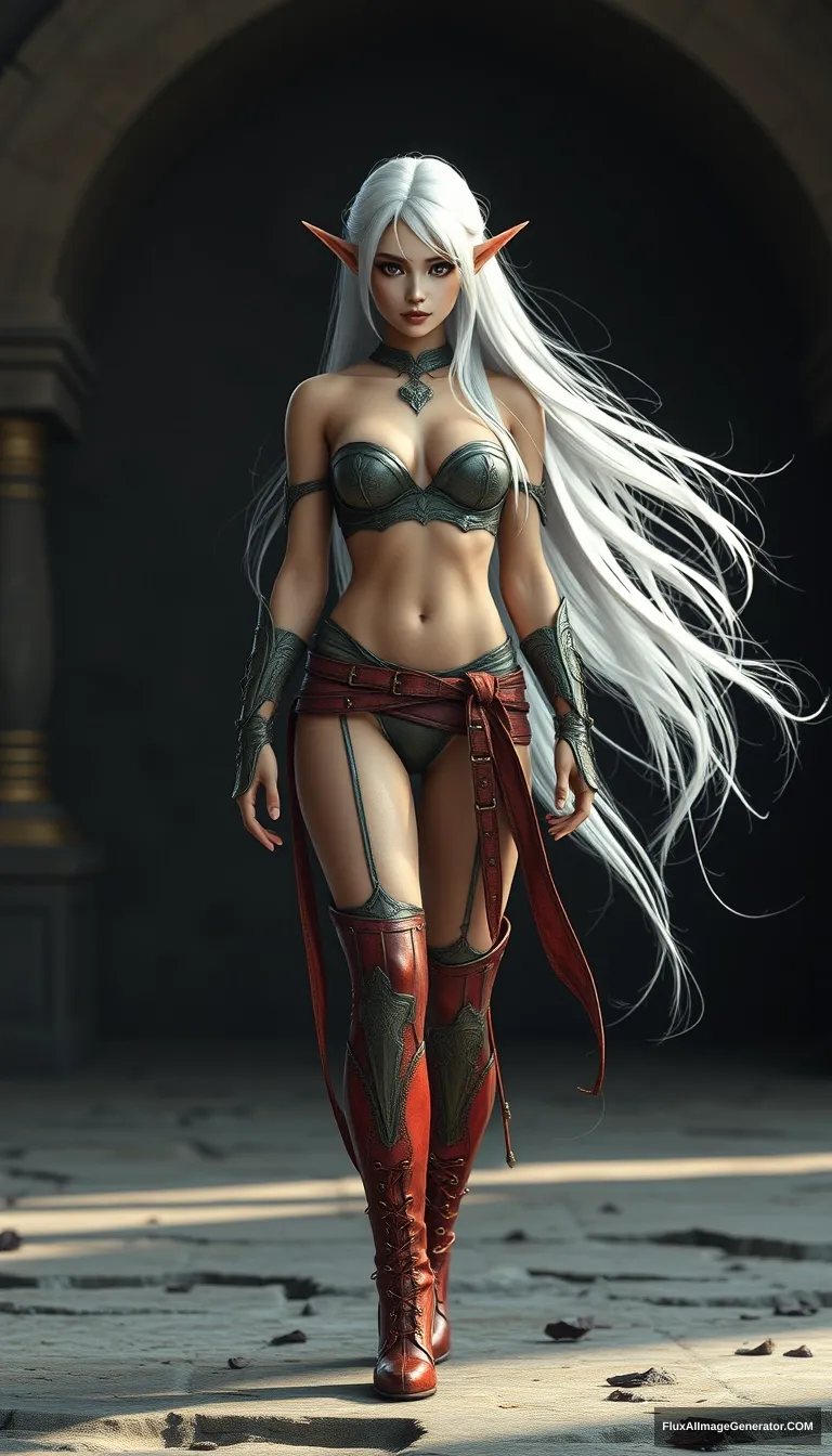 gorgeous and elegant girl elf warrior (like Tang Wei), full body shot, platinum colored hair, topless, reddish military metallic boots, hyper-realistic photo, 8K, unreal engine,