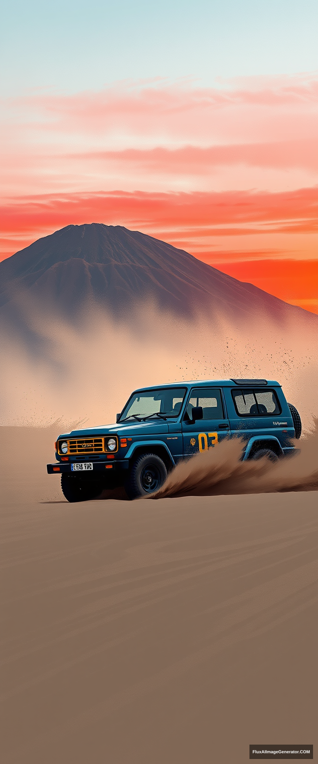 Create a wall-paint illustration of rough strokes, muted colors, a Navy-Blue "Daihatsu" Rugger 80s adventure car (accurately) crossing on greyish sand, creating splashing sands everywhere. Setting of Mount Bromo, East Java, Indonesia. Dust, sunset. Red blue sky. Dramatic. - Image