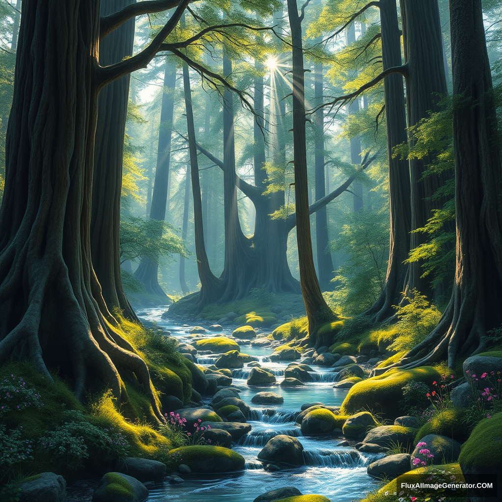 A magical forest with tall, ancient trees and a clear, gurgling stream flowing out of it. The sunlight filters through the dense foliage, creating a dappled effect on the forest floor. Moss covers the rocks along the stream's banks, and colorful wildflowers dot the landscape. --ar 16:9 --v 5 - Image