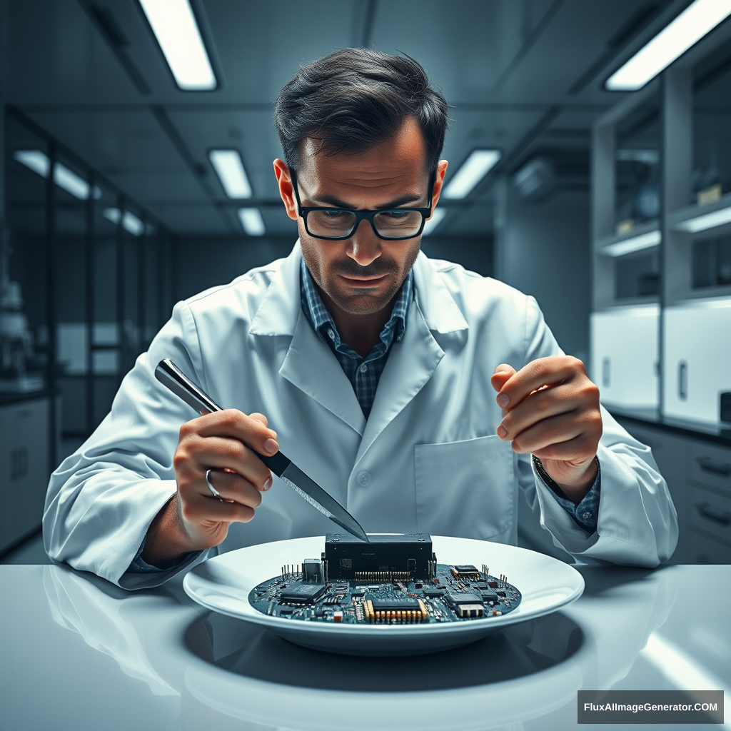 A meticulous engineer dines alone in a sleek, dimly-lit laboratory. Hyper-realistic details reveal his pristine white coat, furrowed brow, and steady hands wielding a silver knife and fork. On his plate, an intricate arrangement of gleaming microchips, resistors, and LEDs replaces traditional food.