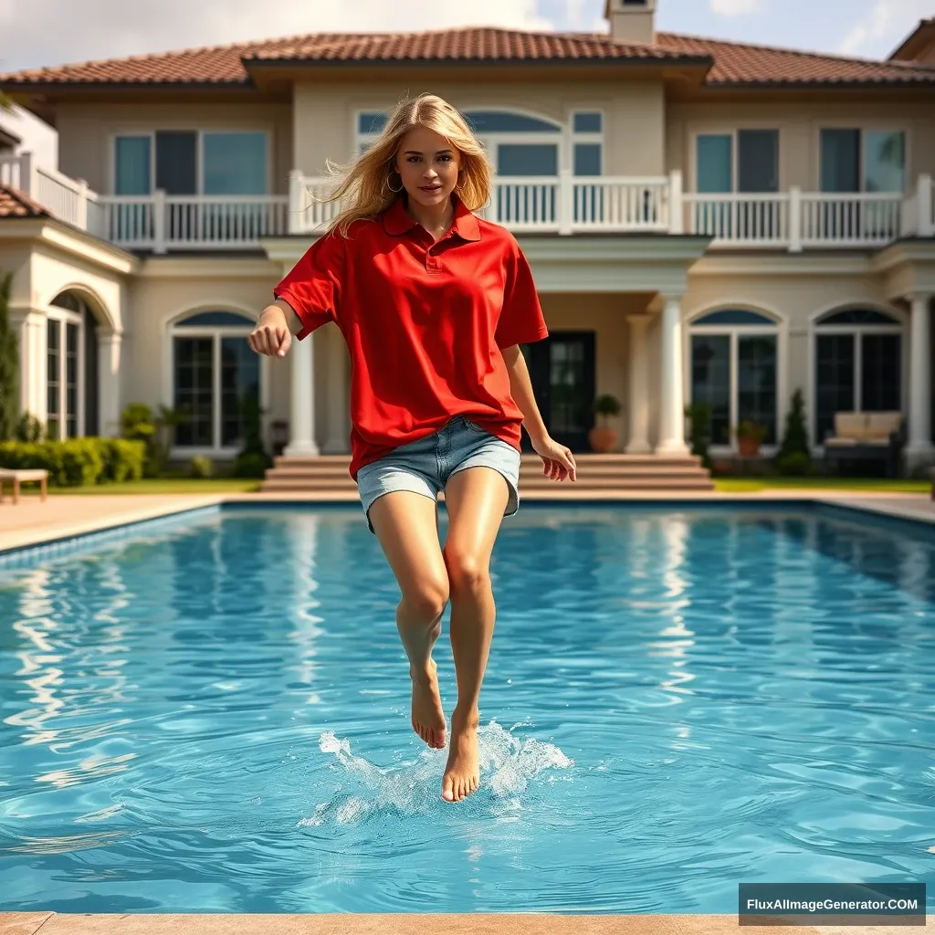 Front view of a young blonde skinny woman in her early twenties in her massive backyard, wearing a massively oversized red polo t-shirt that is a bit off balance on one shoulder, with the bottom part of her t-shirt tucked in on all sides. She is also wearing small light blue denim shorts and has no shoes or socks on. She jumps into her massive luxurious pool, and her legs are in the pool, making a small splash. - Image