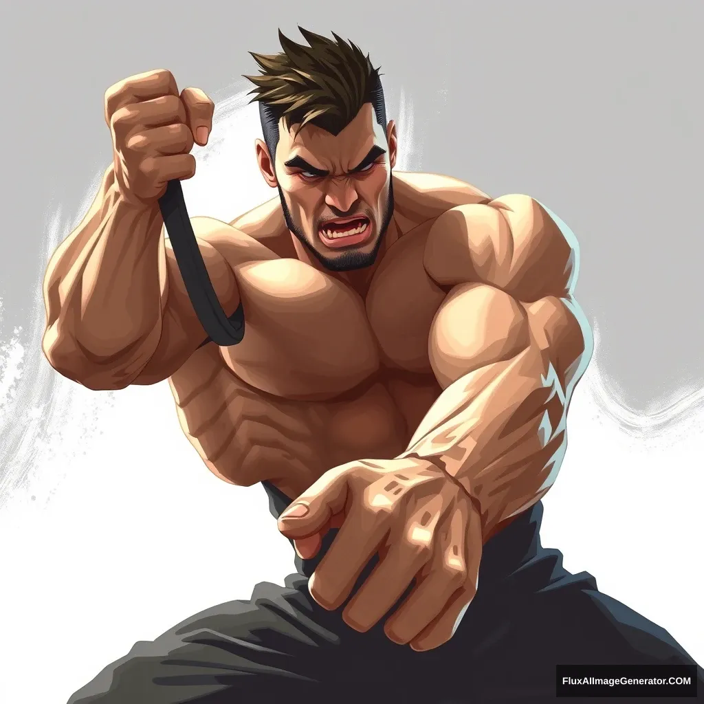 Cel shaded art, a strong man is trying to grab something, portrait.