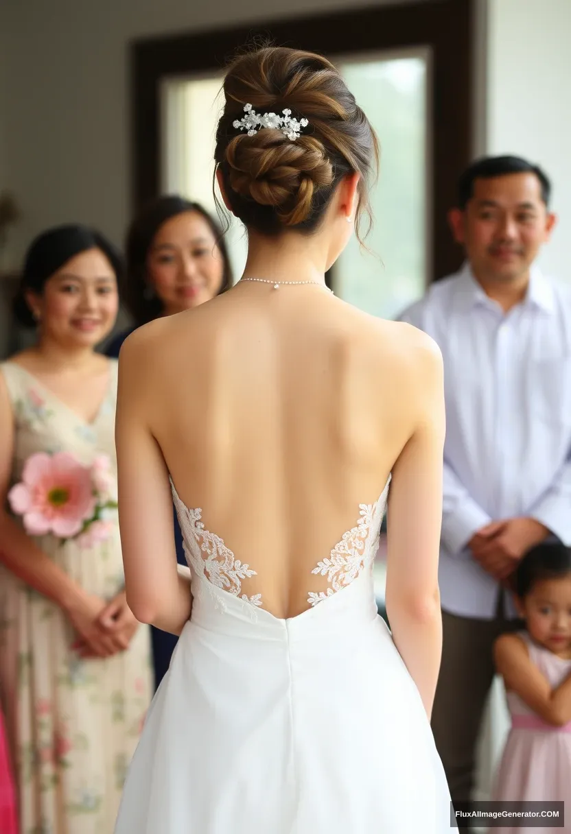 A young woman, sensitive, delicate, ashamed, wearing a backless strapless low-waisted wedding dress, in front of family. - Image