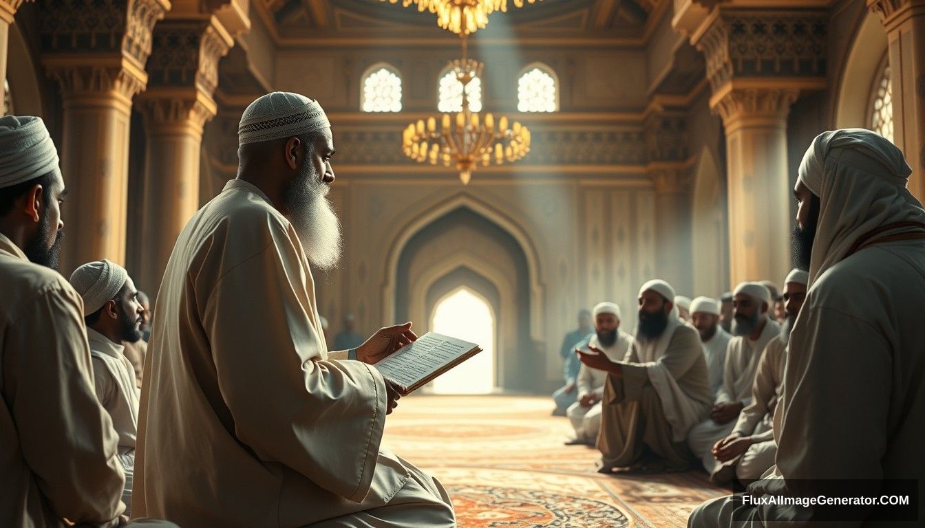 Tamim ad-Dari reporting his experience to Prophet Muhammad (SAW) in a serene mosque setting, with the Prophet surrounded by his companions, all listening intently. Ultra HD, realistic, serene, with warm and cinematic lighting.