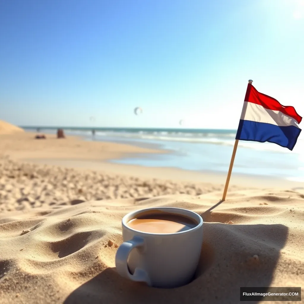 A coffee cup on a sunny beach in the sand, with the Netherlands flag on the right in the sand dunes, and four kite surfers in the background in the sea, along with some people lying on the sand.