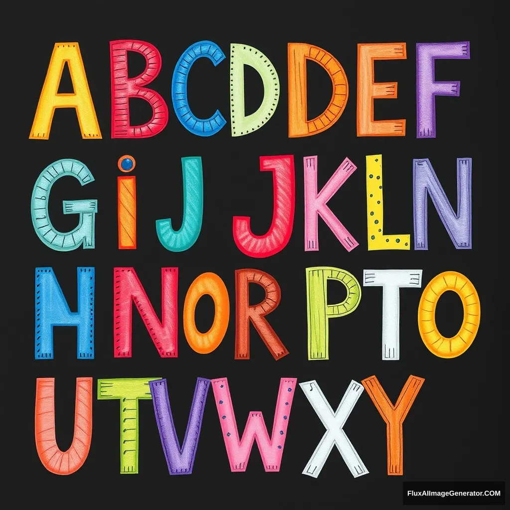 "Create a hand-drawn poster of the 26 letters of the alphabet, with personality and rich colors." - Image