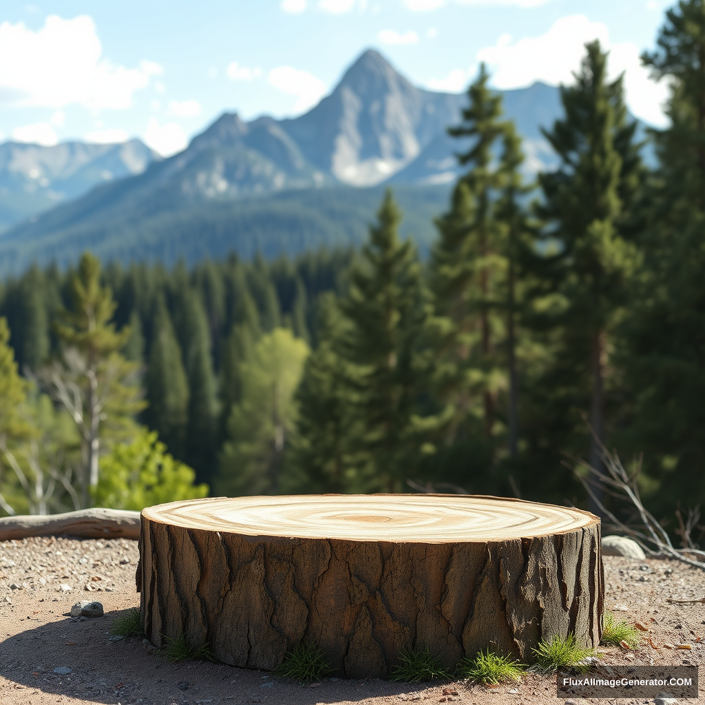 podium log, forest and mountains in the background - Image