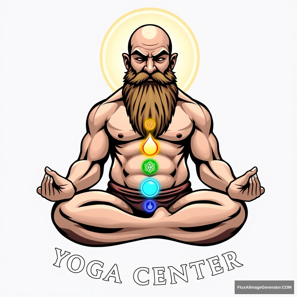 Yoga Center logo: a muscular, large bald dwarf with a beard in the lotus position exchanges energies from the chakras with a woman.