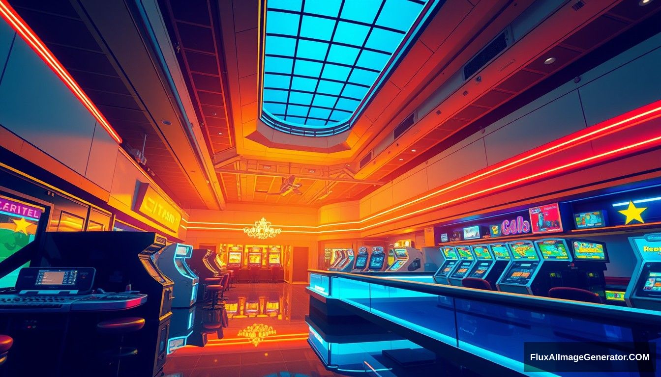 cel shaded art, wide shot, from above, dutch angle, from side, perspective, intense angle, depth of field space, universe, space station, lobby, sunlight, retro, 70s, indoor, night, star, neon, warm light, game room, entertainment, glass ceiling.