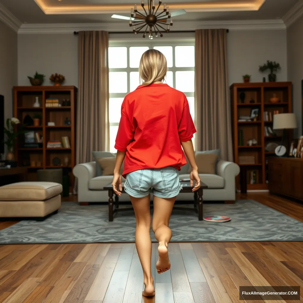 Front view of a blonde skinny woman who is in her massive living room wearing a massively oversized red polo t-shirt that is very unbalanced on one of the shoulders. She is wearing light blue denim shorts that reach her knees and has no shoes or socks on. She faces the camera while getting off her chair and runs towards the camera with both her arms straight down at her sides. - Image