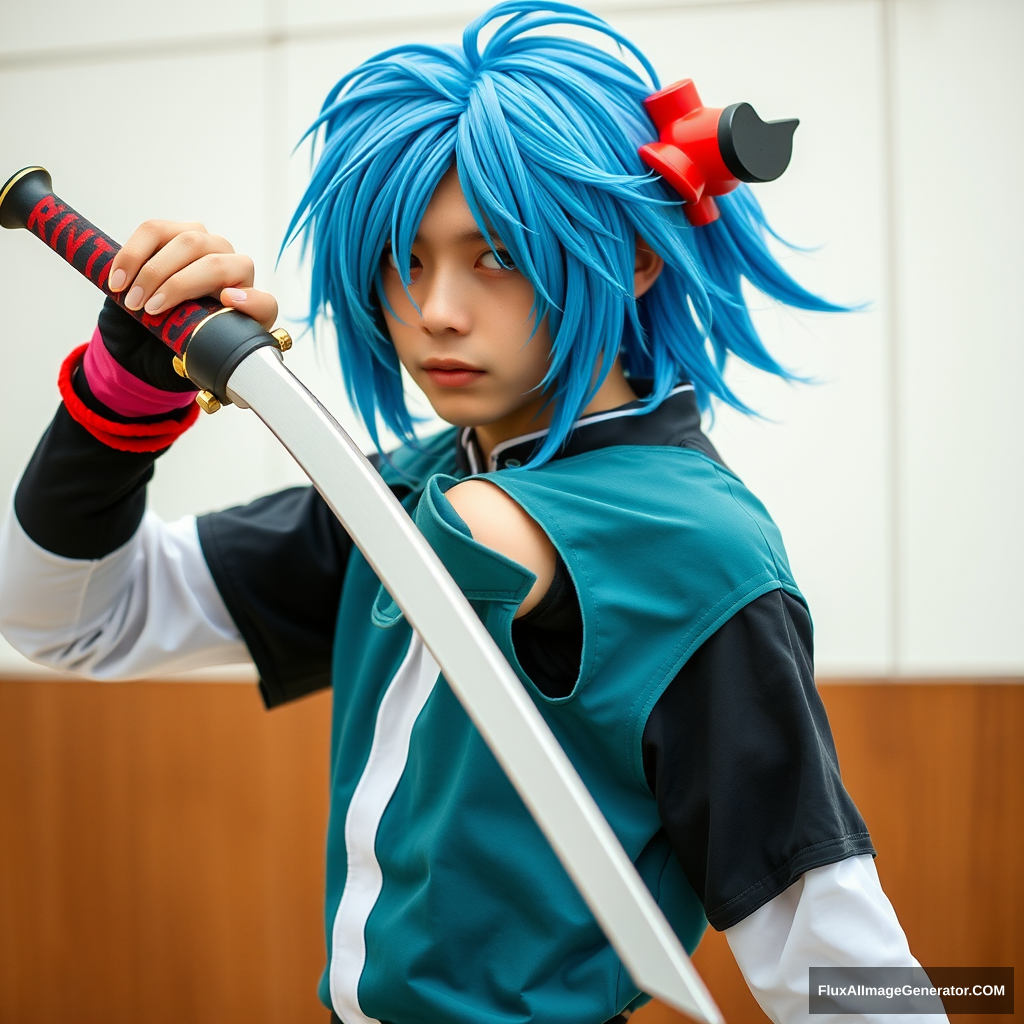 Full picture of a guy cosplaying as Rimuru, posing with his weapon. - Image