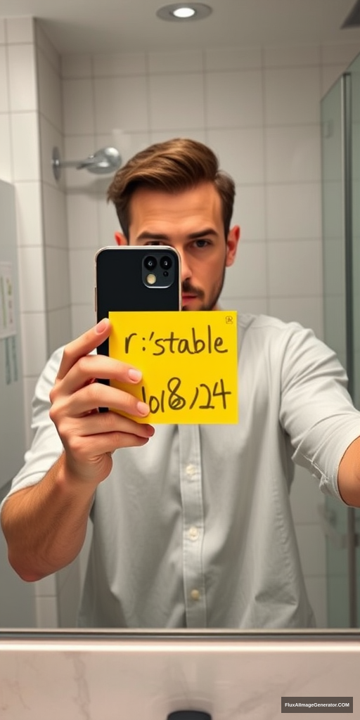 Man in a meticulously detailed bathroom, capturing a mirror selfie with the latest iPhone. He's holding a vibrant yellow post-it note displaying "r/stablediffusion" and "10/08/24". Hyper-realistic style with precise lighting, reflections, and textures. Verification-style composition, natural color palette. Subtle tension in expression, modern tech-savvy atmosphere.