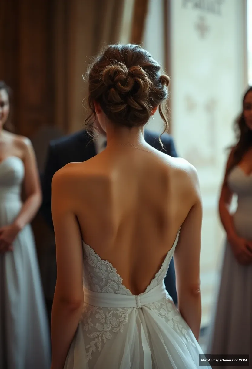 A young woman, sensitive, delicate, ashamed, wearing a backless strapless low-waisted wedding dress, in front of patriarchy. - Image