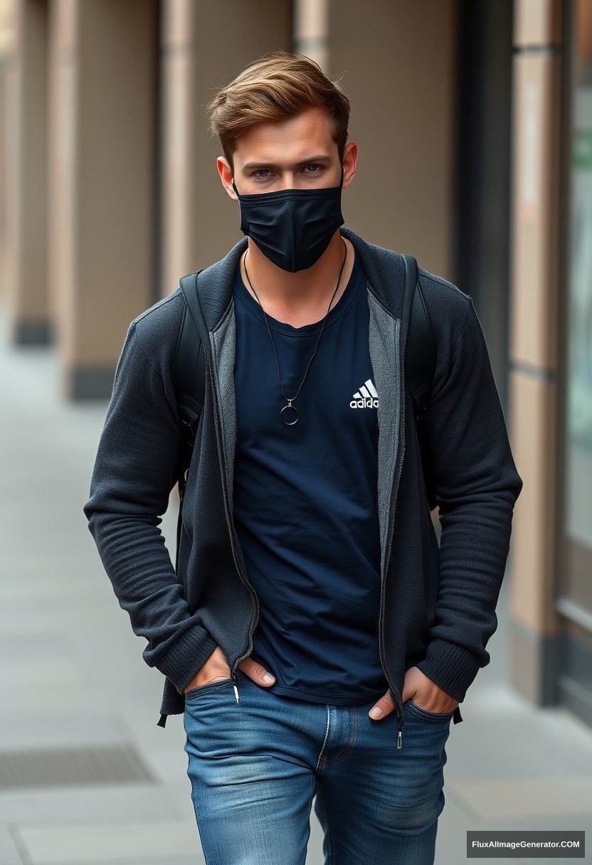 Jamie Dornan, handsome, blue eyes, wearing a black pendant, black face mask, dark blue Adidas t-shirt, sweater jacket, jeans, black sneakers, fit body, photorealistic, street photography, full photography.