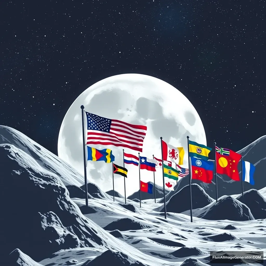 "Logged onto the moon, there are many flags."