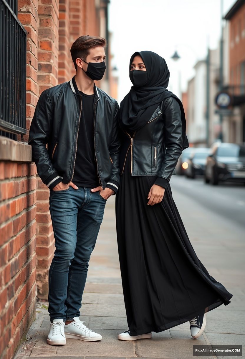 Jamie Dornan, handsome, young, black face mask, collage jacket, jeans, dating a beautiful, romantic Muslim girl in a black hijab with beautiful eyes, black face mask, black leather jacket, sneakers, wearing the longest skirt, standing and lying against a brick wall, in town, morning scenery, photorealistic, street photography. - Image