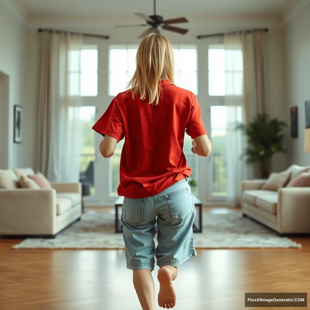 Back view of a skinny blonde woman in her large living room, wearing an oversized red polo t-shirt that is unbalanced on one shoulder, and big light blue denim shorts that reach her knees. She is barefoot, facing the camera as she gets off her chair and runs towards it. - Image