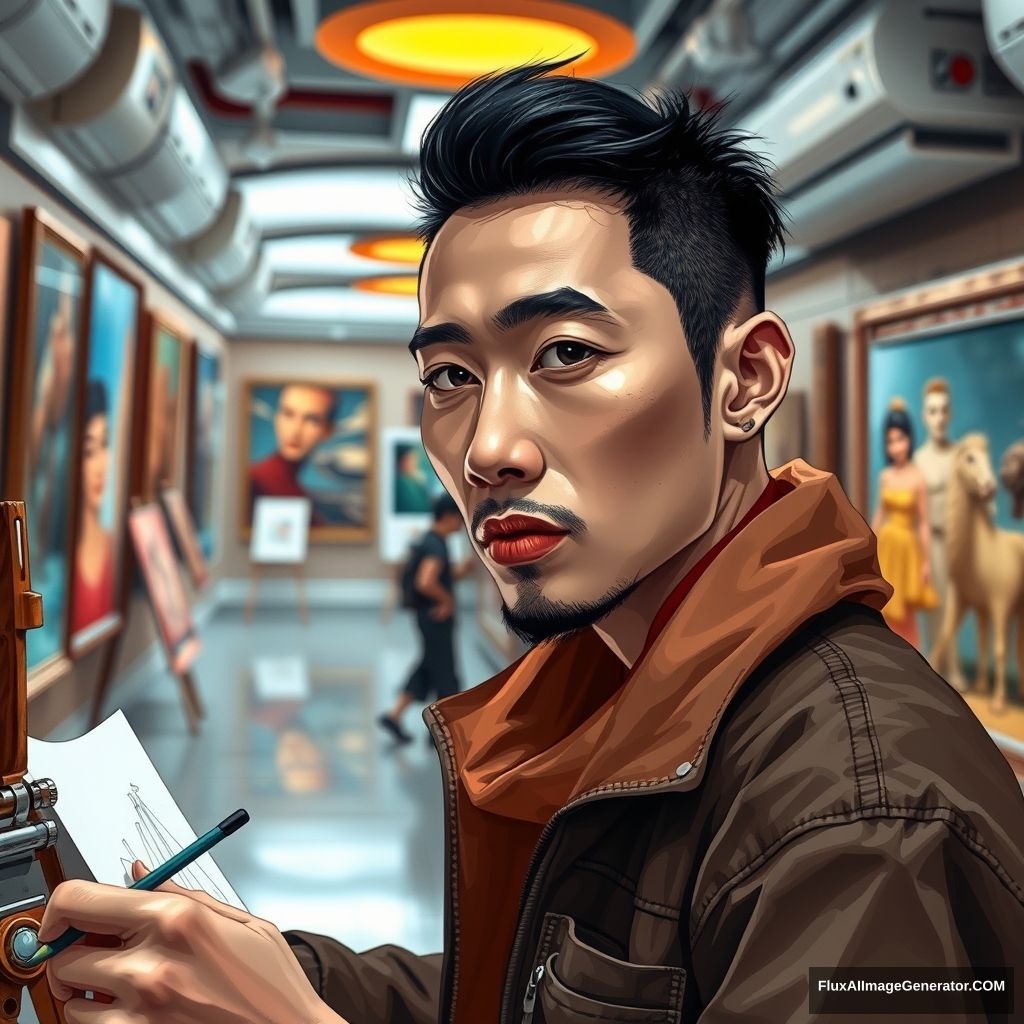 Sharp, anatomically accurate, detailed image of a male artist who looks exactly like Vietnamese rapper named MCK, with distinctive eyes, nose, and mouth features, sketching in a futuristic art gallery filled with paintings. - Image