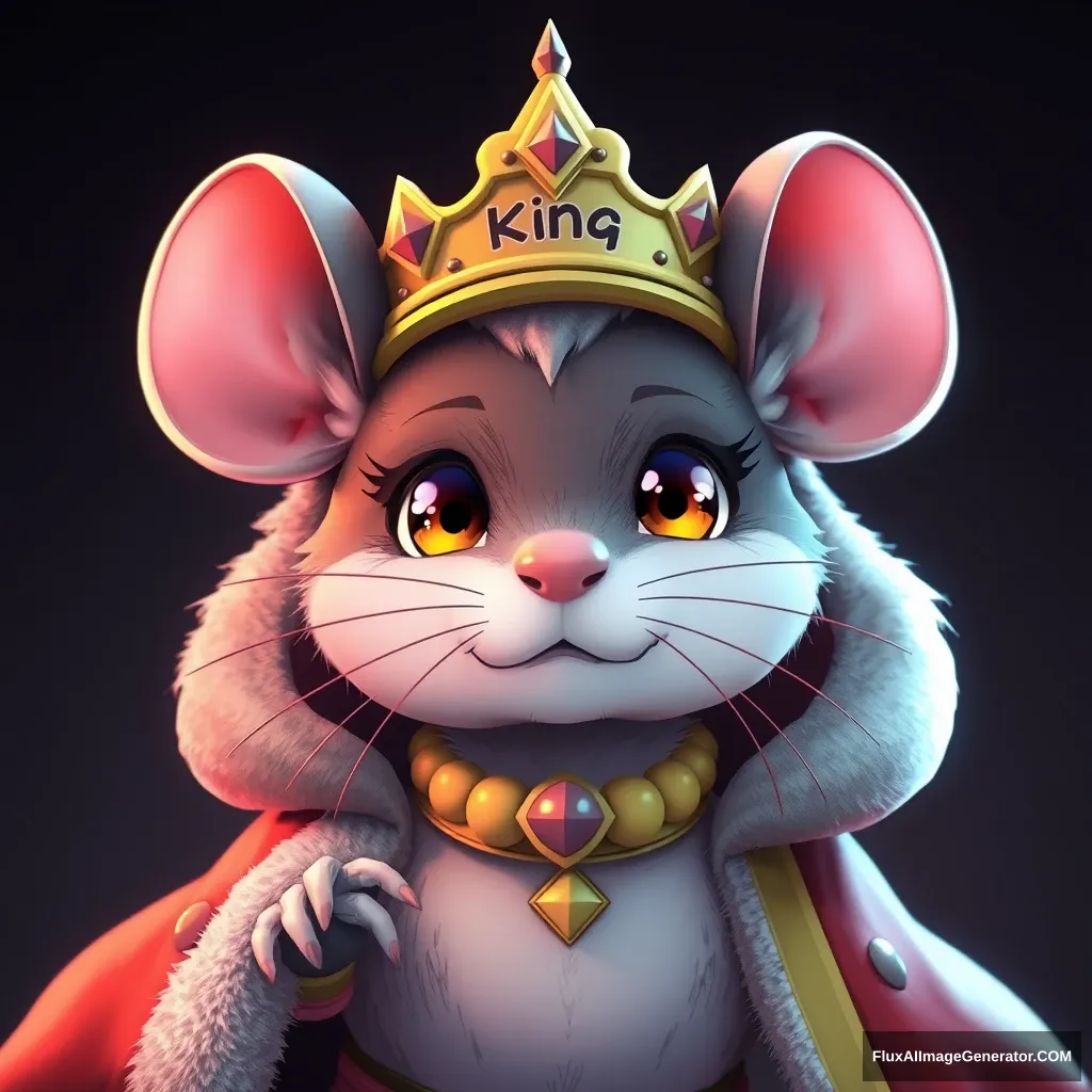 Fantasy cute anthropomorphic rat king in crown, Chrono Trigger style, cute details, anime, cute fantasy, kawaii, contrasting colors, pretty colors, dramatic lighting, portrait, intricate details, manga panel, realistic, 3D rendering, octane render, there is a king text in the crown.