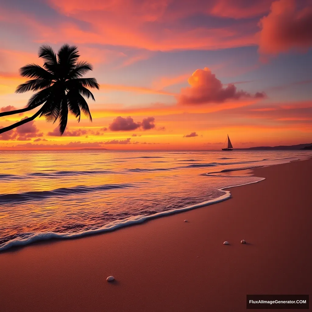 Generate an image of a serene beach at sunset, with gentle waves lapping at the shore, a few scattered seashells, and the sky painted in hues of orange, pink, and purple. Include a silhouette of a palm tree on the left side of the image and a small sailboat in the distance on the horizon. - Image