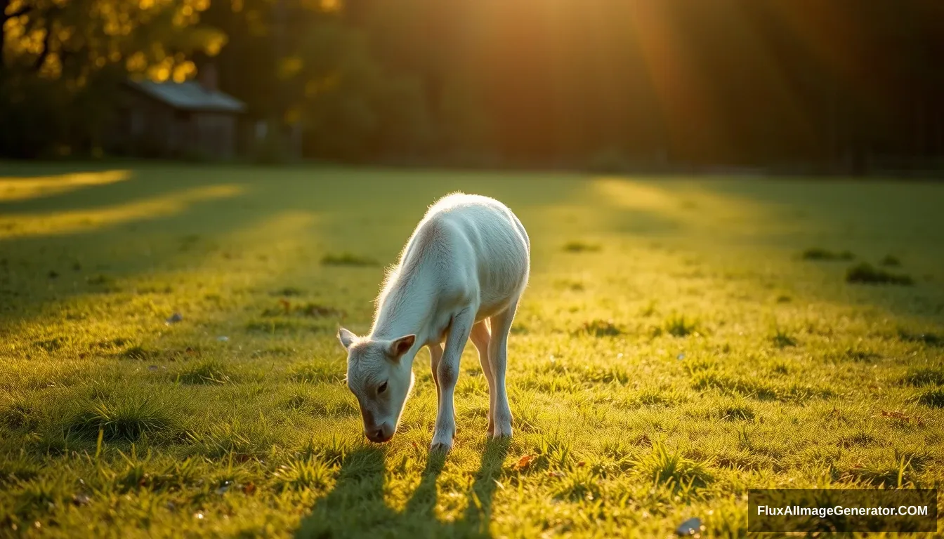 "The morning sunlight, the calf is grazing." - Image