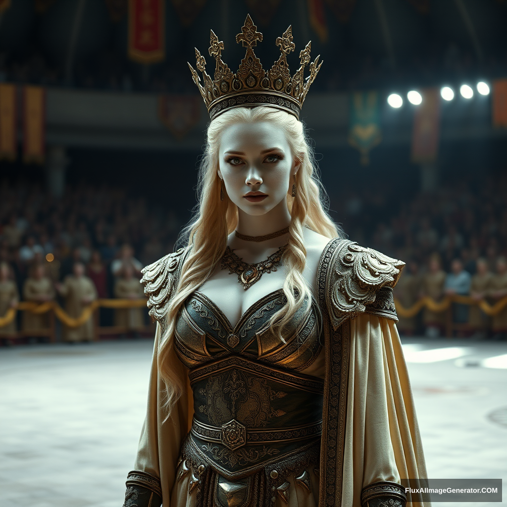 A very, very, very, very, very beautiful and gorgeous ancient queen of wrestling is standing in the arena. She looks extremely beautiful and gorgeous, has pale white skin, and is wearing very long royal clothes.