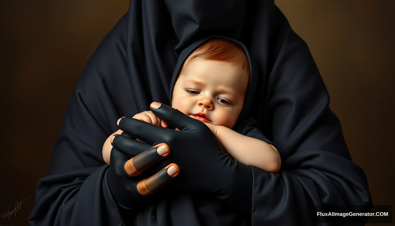 A pious woman is holding a baby boy, her palms covered in black cloth, wearing a long niqab, her neck covered by a perfect hijab, full body, oil painting.