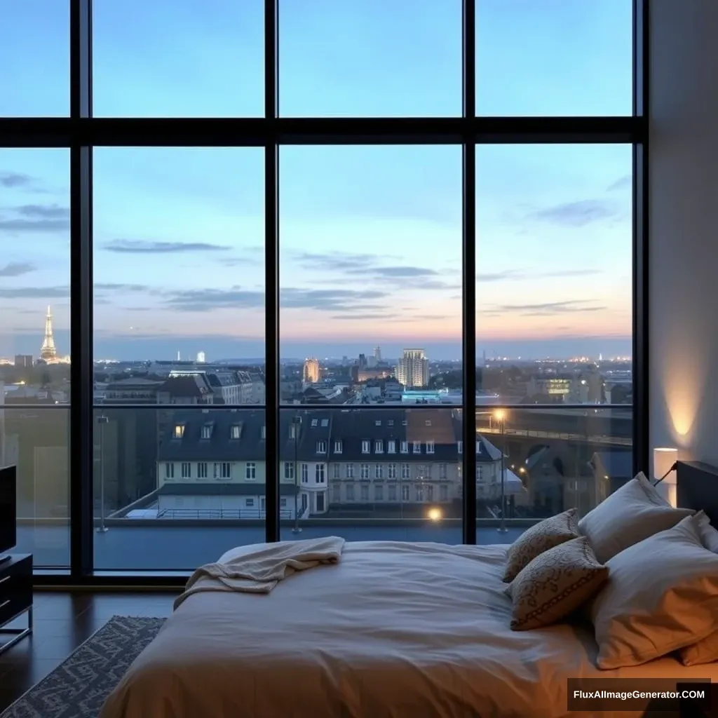 Modern bedroom apartment, big glass window, midnight in France. - Image