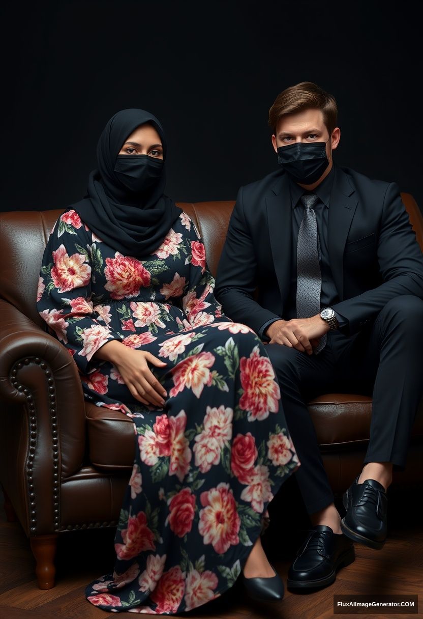 A biggest black hijab girl, slim girl, beautiful eyes, face mask black, biggest floral longest dress, sitting on leather single wing sofa,

Jamie Dornan, youngest, black suit coat, grey pattern tie, black leather sneaker, tall man, face mask black, tough body, sitting near her,

hyper realistic, studio photography.