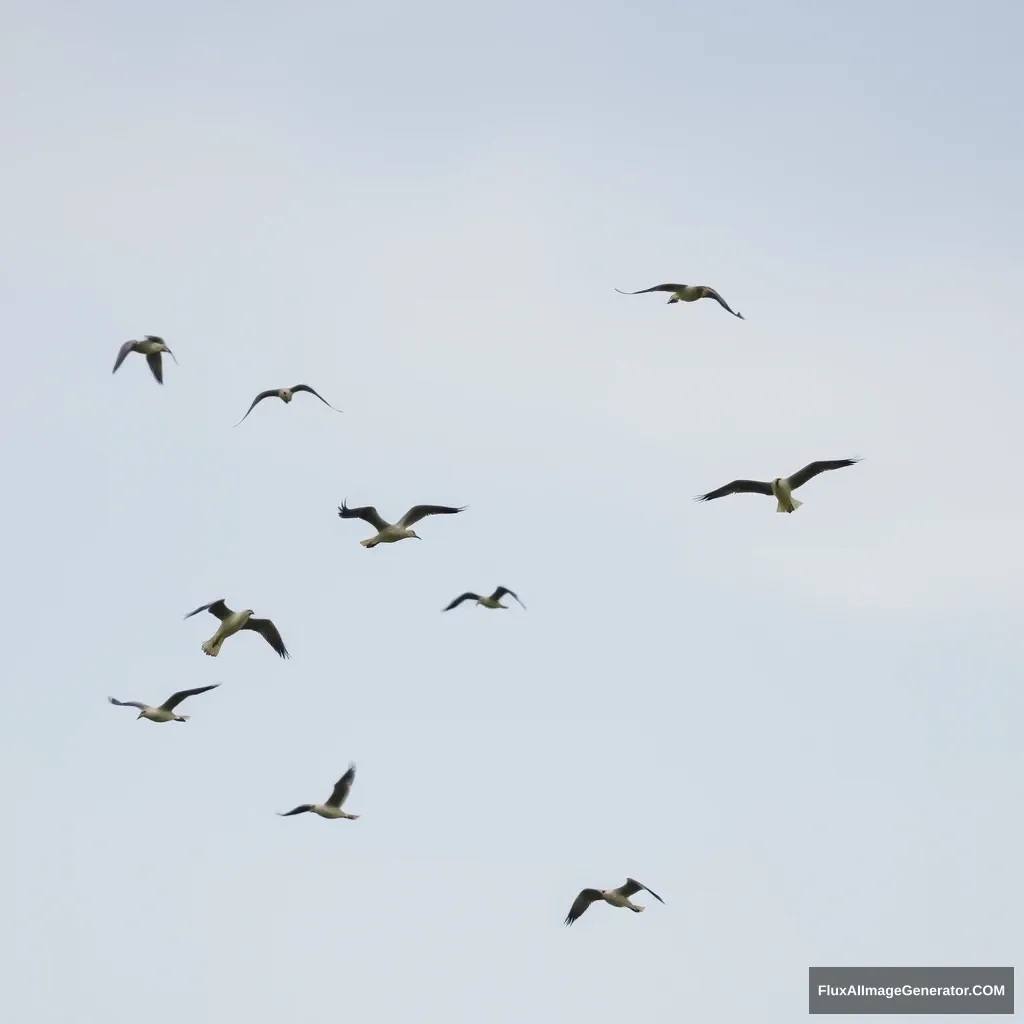 The birds fly around in the sky. - Image