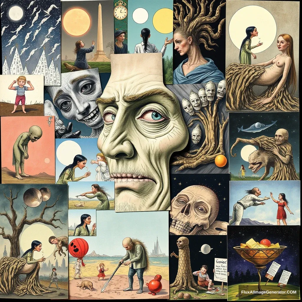 A collage of different extremely strange illustrations.