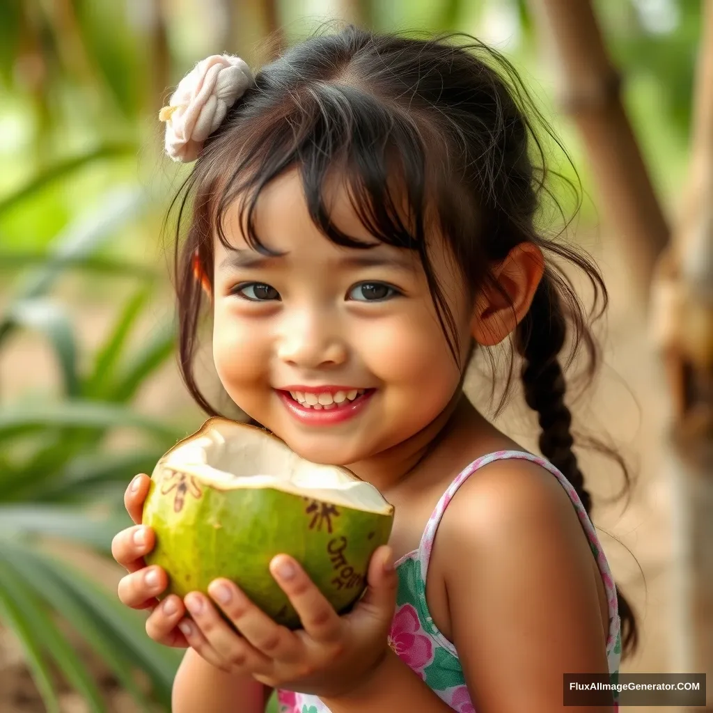 A happy girl drinking coconut.