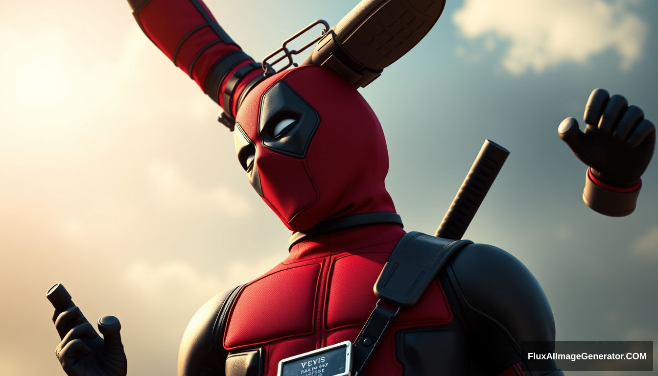 Deadpool kicking his foot above his head. - Image