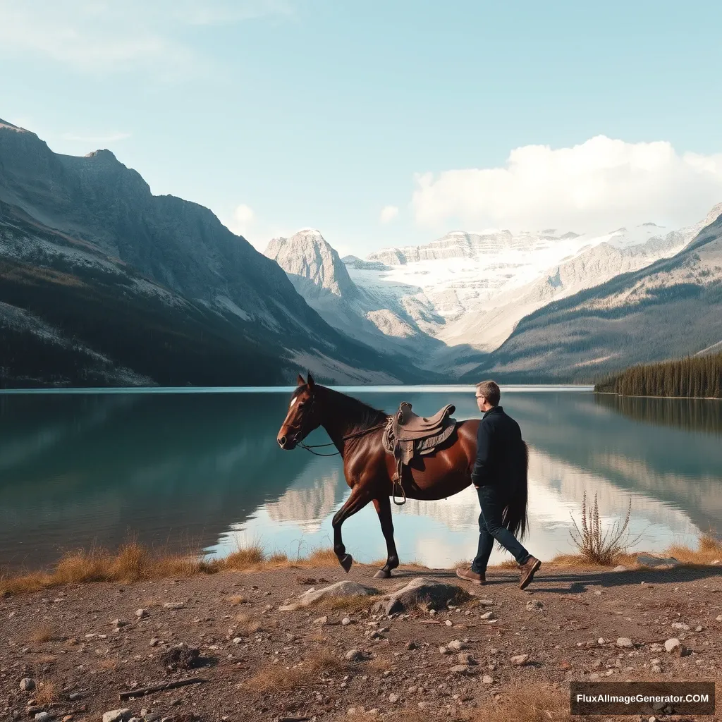 'a person who walks a horse by the lake located in the mountains'