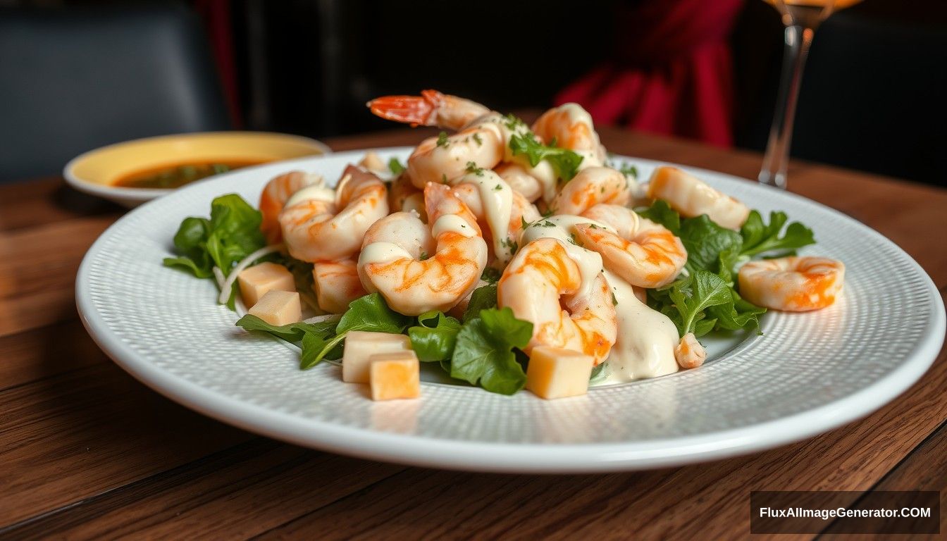 Highly detailed and sharp image of a creamy shrimp and cheese salad with Parmesan cheese dressing, plated on a white textured plate. The plate is resting on a wooden table, with the scene slightly zoomed out to reveal more of the surrounding space. The background includes dark areas with a hint of red drapes, providing a contrast that enhances the vibrant colors of the dish. The overall atmosphere is elegant and appetizing, capturing the intricate details of the salad and the dining setting. - Image