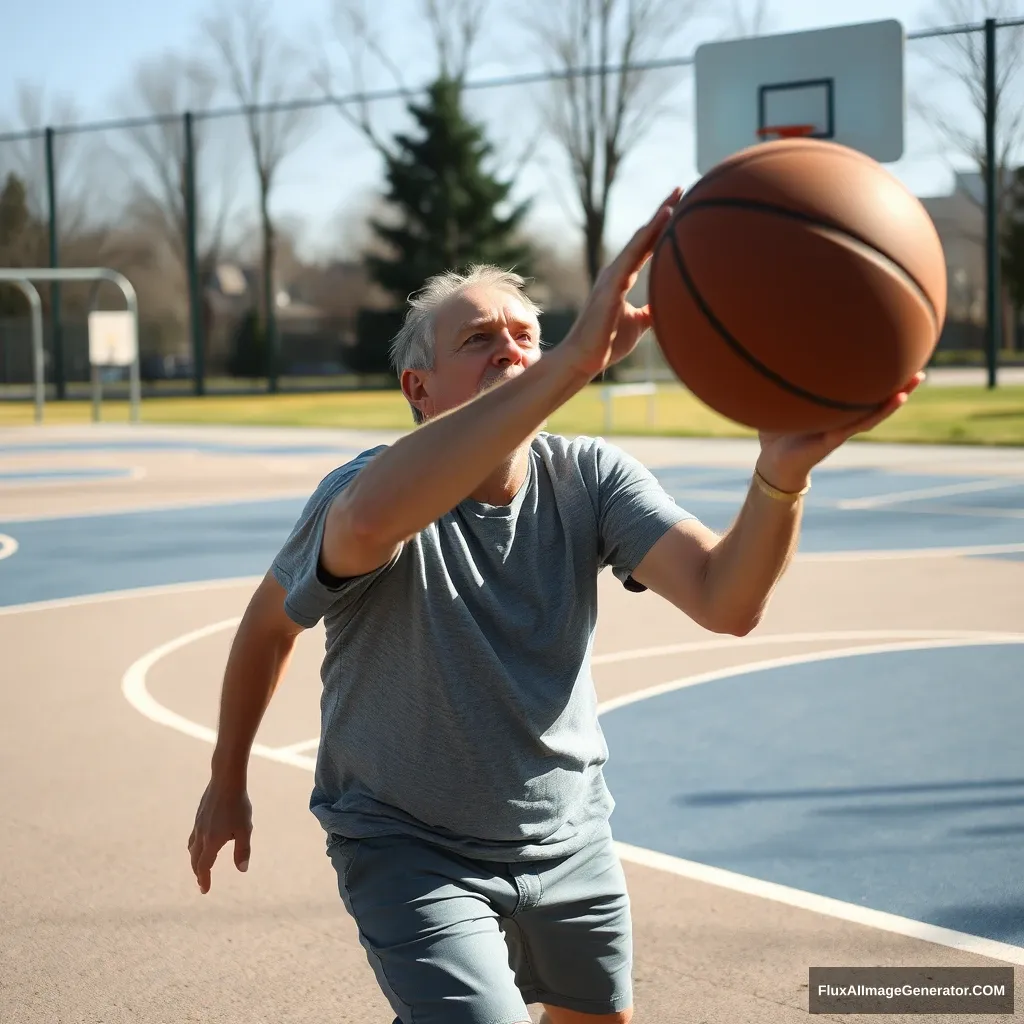 A middle-aged man playing basketball on the playground. - Image