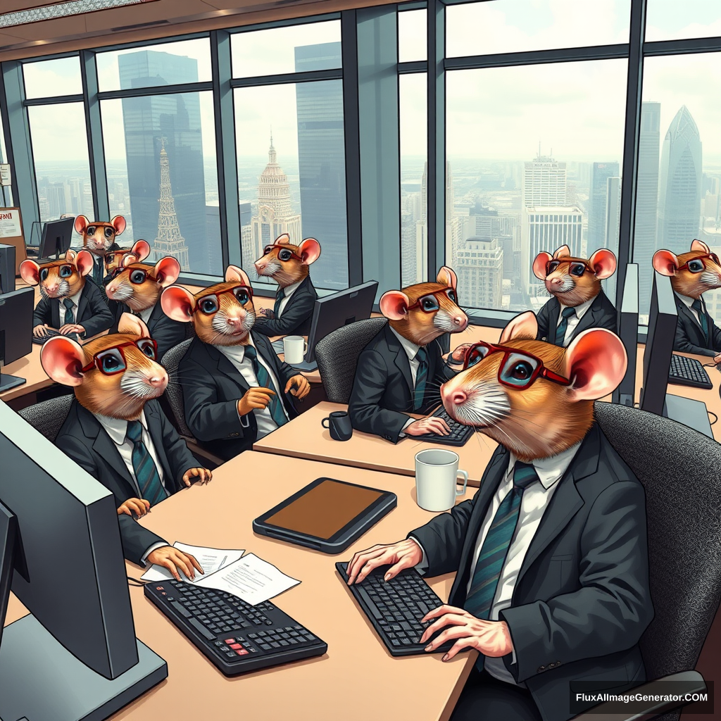 A busy office scene where several anthropomorphic rats are dressed in business attire, sitting at desks, and working on computers. The rats are wearing small tailored suits, ties, and glasses, with some typing on keyboards, others on video calls, and a few holding coffee mugs. The office is modern with sleek furniture, large windows, and a view of a bustling city in the background. The atmosphere is professional, yet humorous, as the rats are fully engaged in typical office tasks, with detailed facial expressions showing concentration and determination. - Image