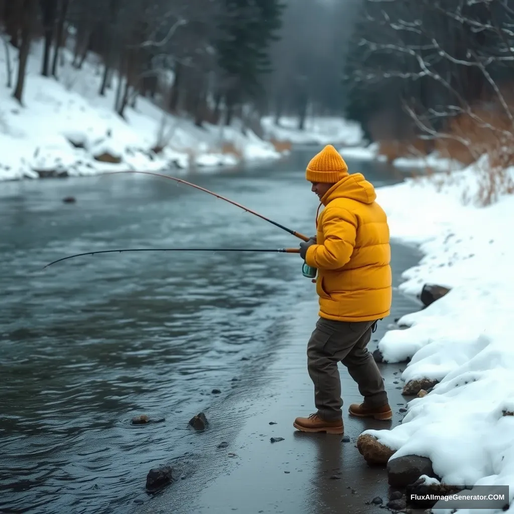 A yellow race is fishing beside a river in winter.