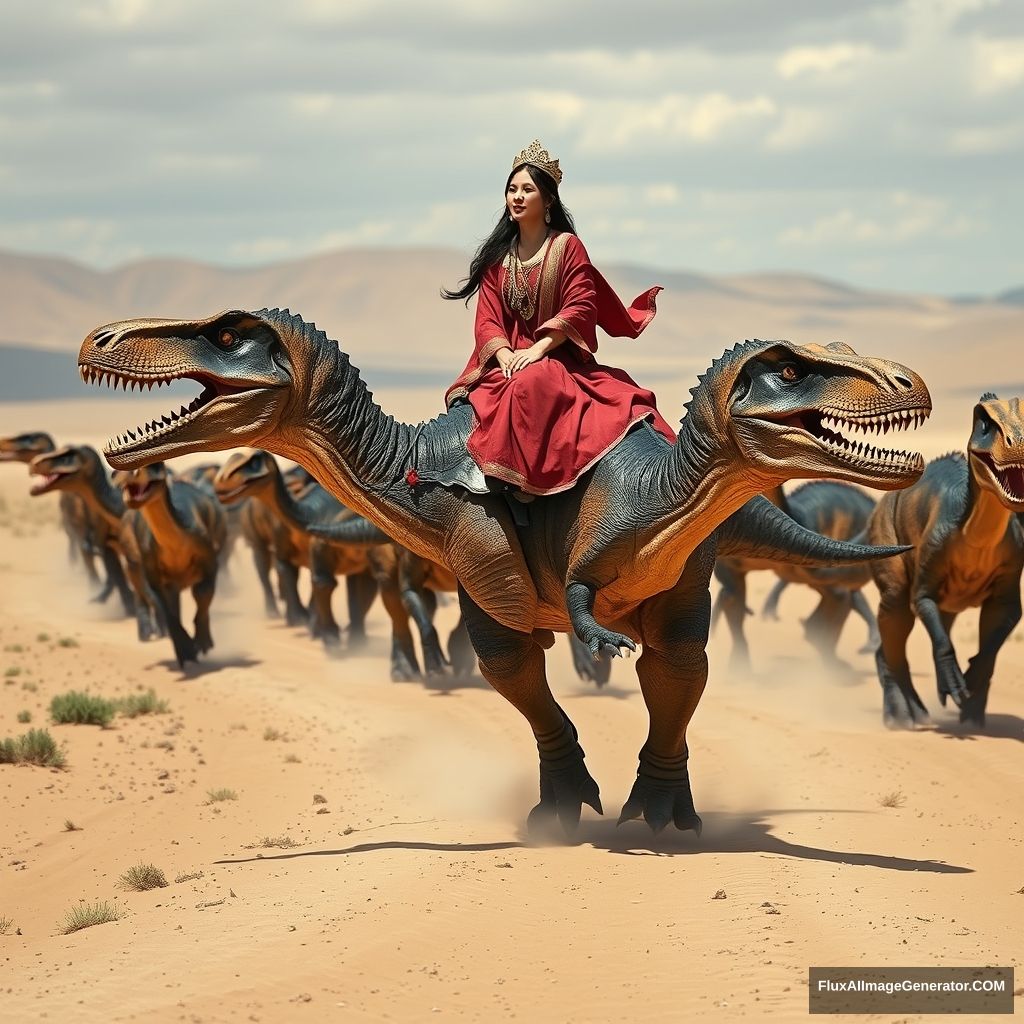 Ancient Mongolian caravan of Velociraptor dinosaurs walking through the Mongolian Gobi Desert, ahead of the caravan is a young Mongolian queen woman riding a T-rex dinosaur, location Mongolia, realistic photo, 4K. - Image