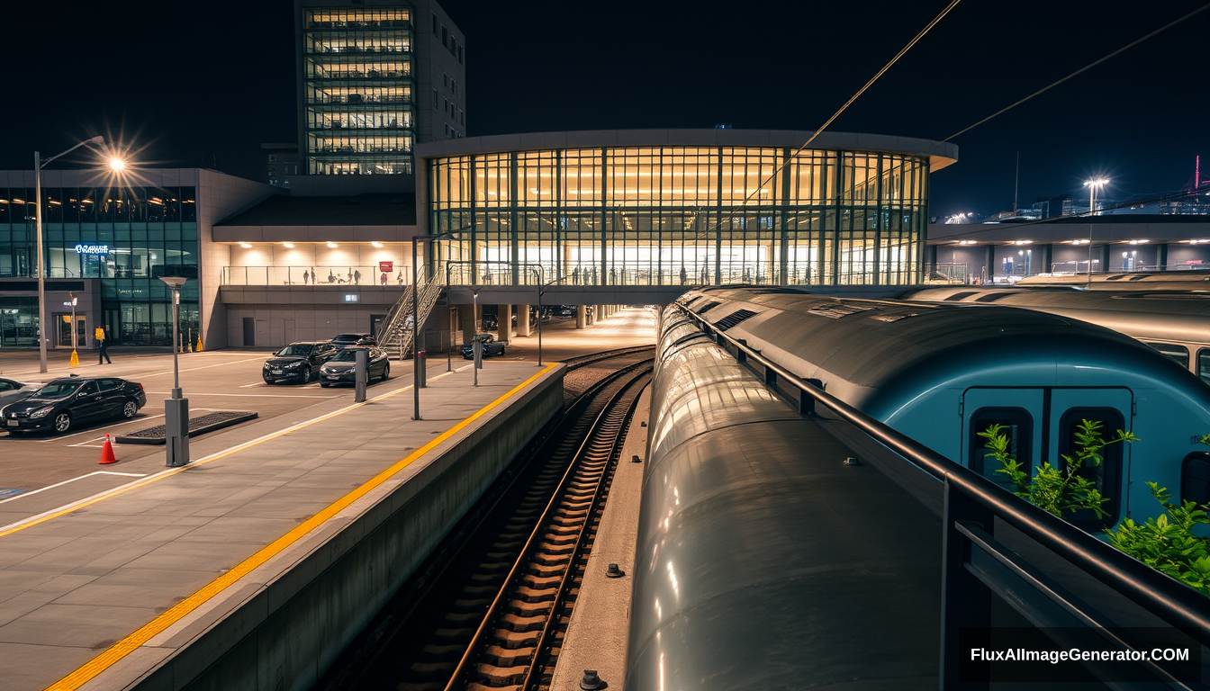 A photo of the exterior view from outside, showing modern architecture and glass curtain walls at night time of Seoul's Joseon Station on Gineos Expressway in Korea. The station is surrounded by buildings such as parking lots with cars parked near it, entrance doors to the building, a bridge over tracks, and concrete walkways leading up to one side of the platform level, which has a black metal guardrail and green plants. In front of the train docked inside the railway in the style of Sony A7R IV camera. - Image