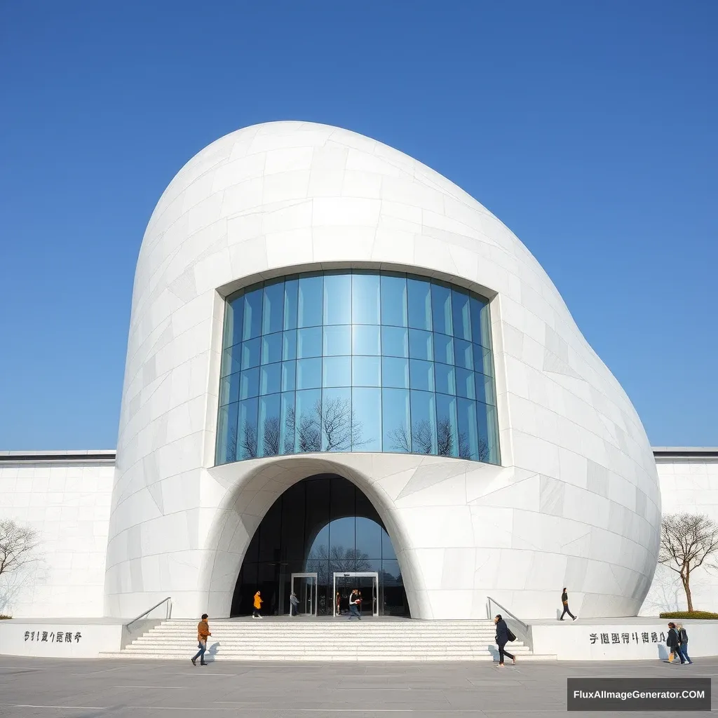 White stone, museum, one side of the facade is a full mirror, huge volume, beautiful object shape, Seoul, Cheongdam-dong.