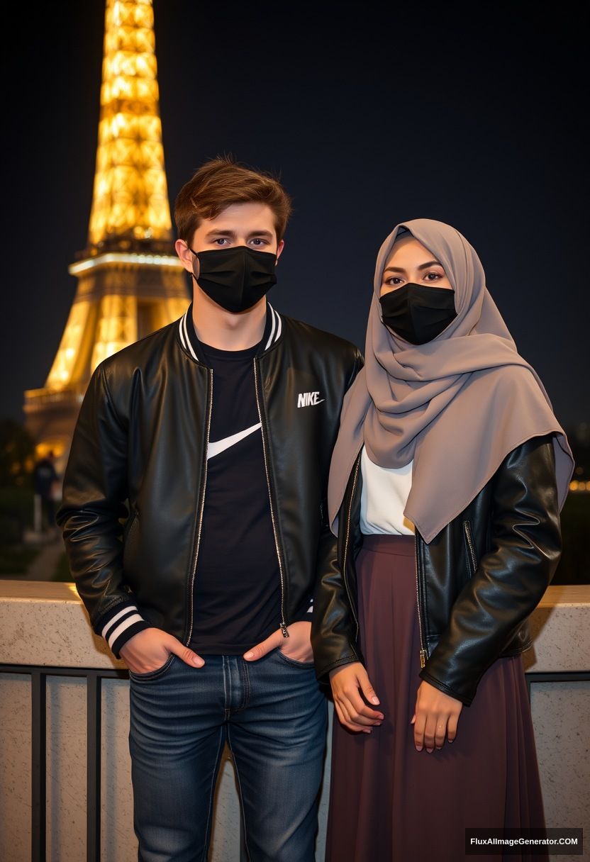 Jamie Dornan, youngest, black face mask, collage jacket, Nike t-shirt, jeans, tall man, fit body,

Dating, love with the biggest grey hijab Muslim girl, beautiful eyes, black face mask, leather jacket, biggest longest skirt, cute short girl,

standing by a wall, an Eiffel Tower, night scenery, hyper-realistic, photorealistic, street photography. - Image