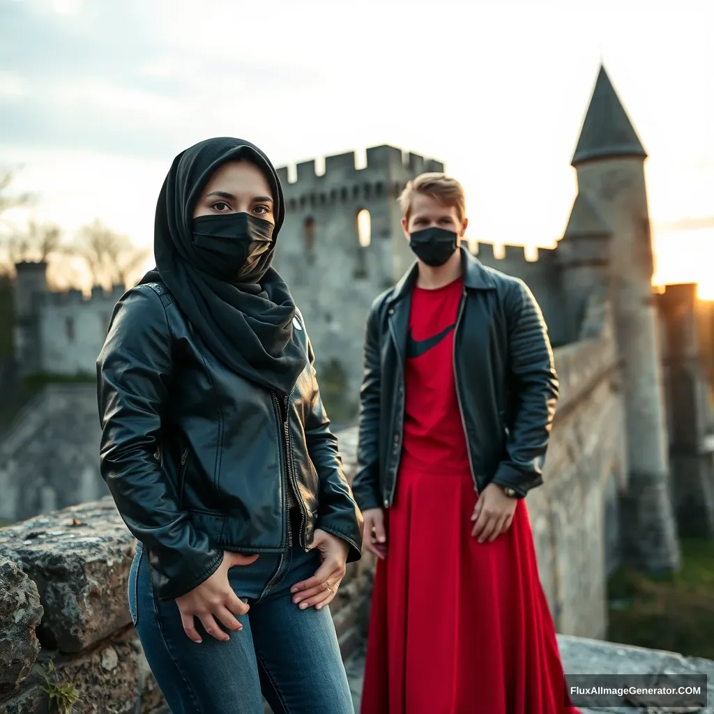 A biggest black hijab girl, beautiful eyes, black face mask, black leather jacket, biggest red longest dress, not tall,

Jamie Dornan, handsome, black face mask, fit and tough body, Nike red t-shirt, black leather jacket, jeans, tall man, standing at the wall together

Hyper realistic, photorealistic, studio photography, Victoria's abandoned castle, sunrise. - Image