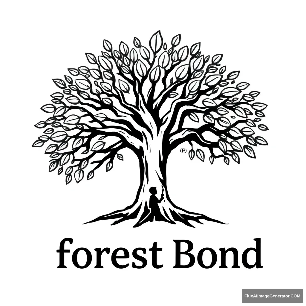 It's a logo for an app called forestbond. It's a tree in the shape of a woman spreading its branches with a lot of leaves. It gives the impression of deep and solid roots. Draw it in a reverent way and write the words Forest Bond underneath. It should have a serious feel to it. Don't overlap the drawing and text. Make it look like a child is under the tree looking up at it. Draw the whole thing in black on a transparent background. - Image